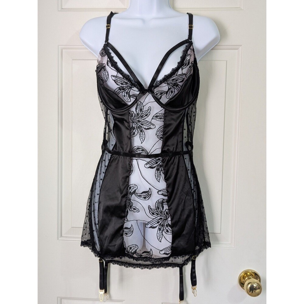 Roma Confidential Lace Satin Mesh Garter Bodice Chemise Lingerie 1X Black Sexy
